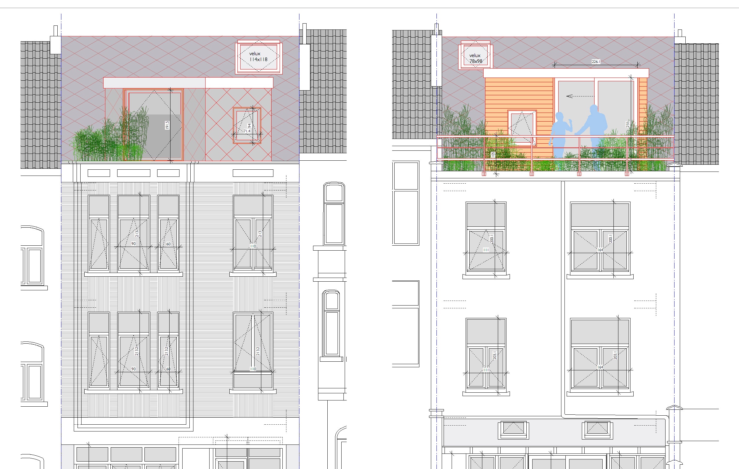 élevation des façades rue et jardin avec le dernier niveau, celui du projet, souligné par l'utilisation de la couleur