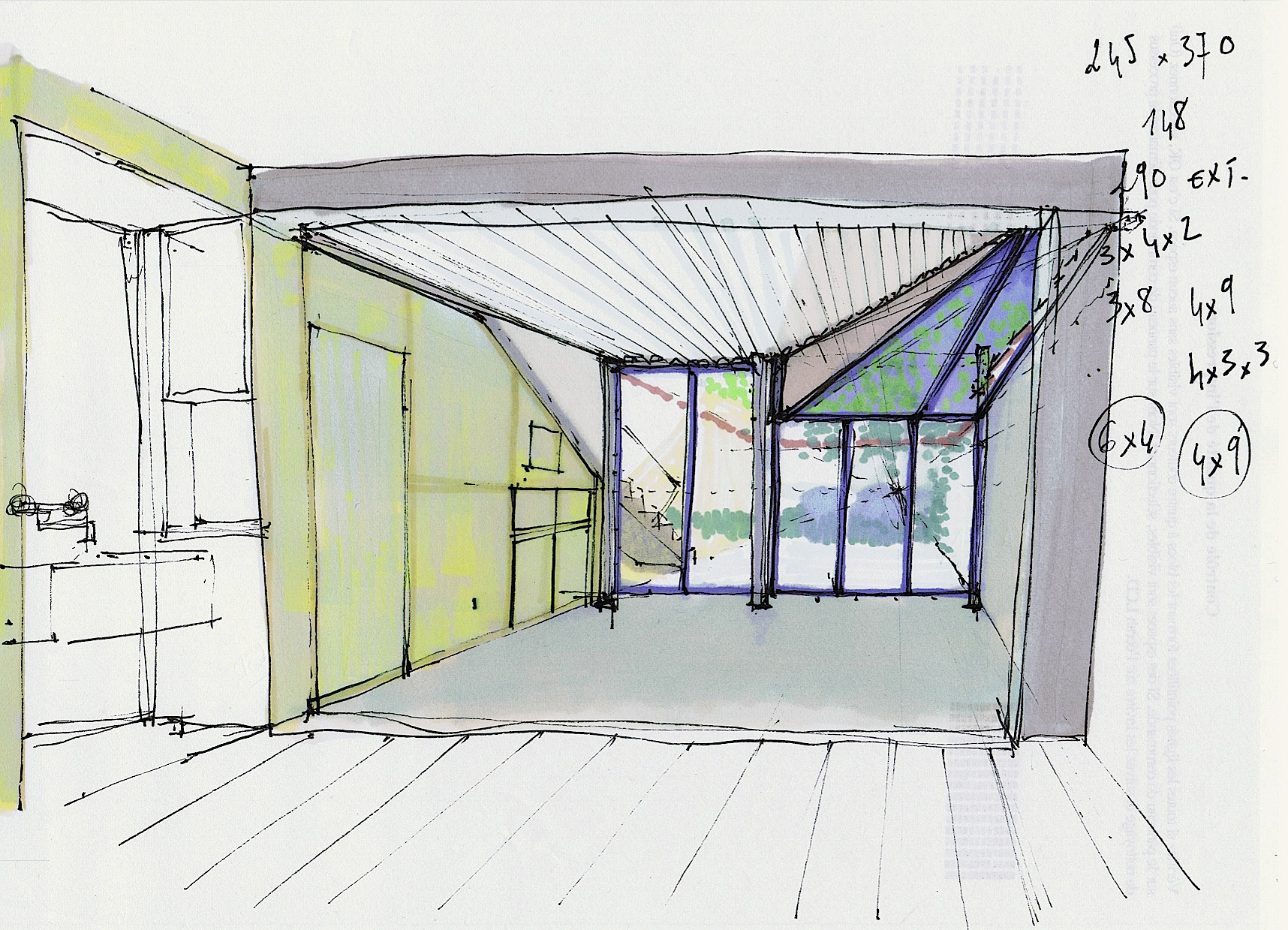 perspective d'une version antérieure du projet depuis la pièce centrale vers l'atelier en rez-de-jardin