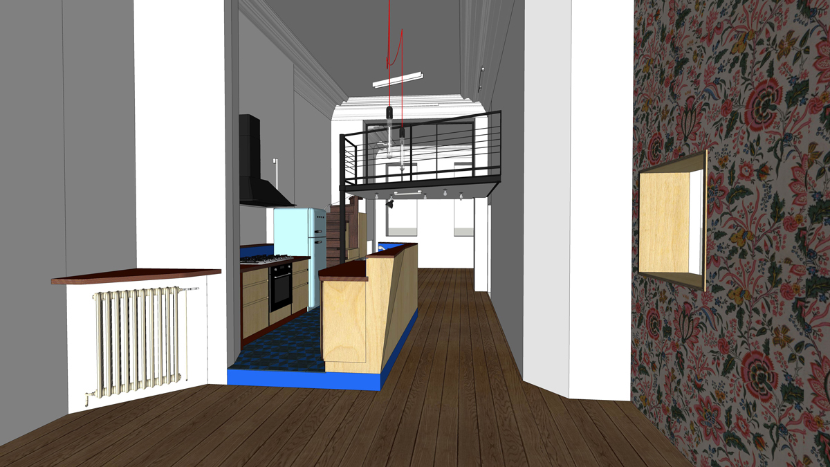 vue en 3D du projet depuis la salle à manger vers la cuisine