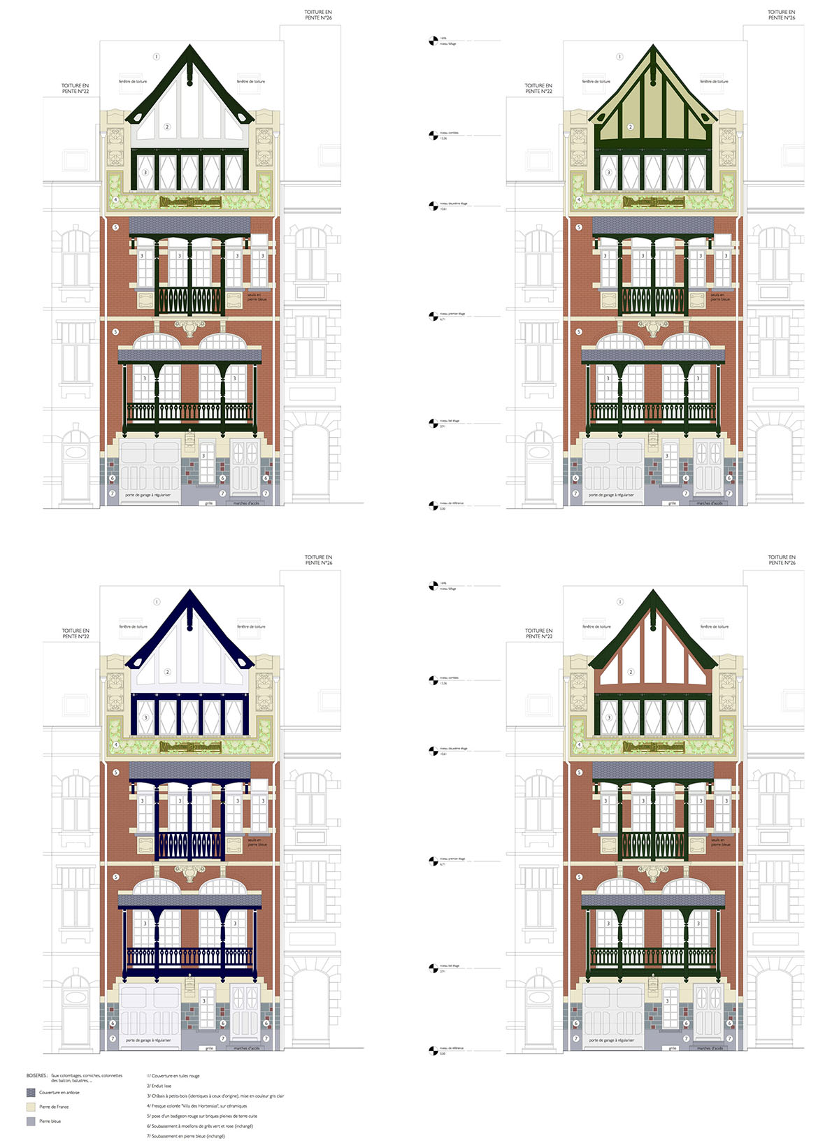 quatre élevations de la façade avec des variations colorimétriques sur les boiseries et le faux pignon