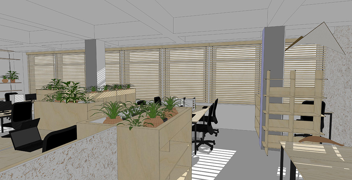 3D d'une version antérieure du projet, vue depuis la porte d'entrée du bureau