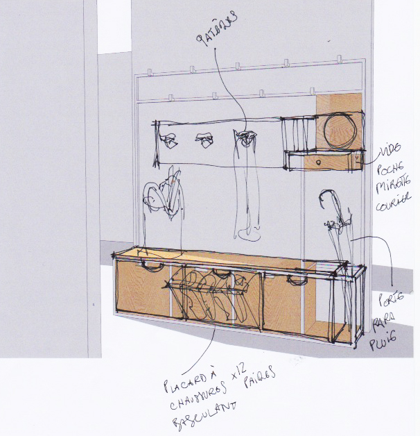 vue 3D et dessin à main levée du meuble d'entrée depuis la porte principale